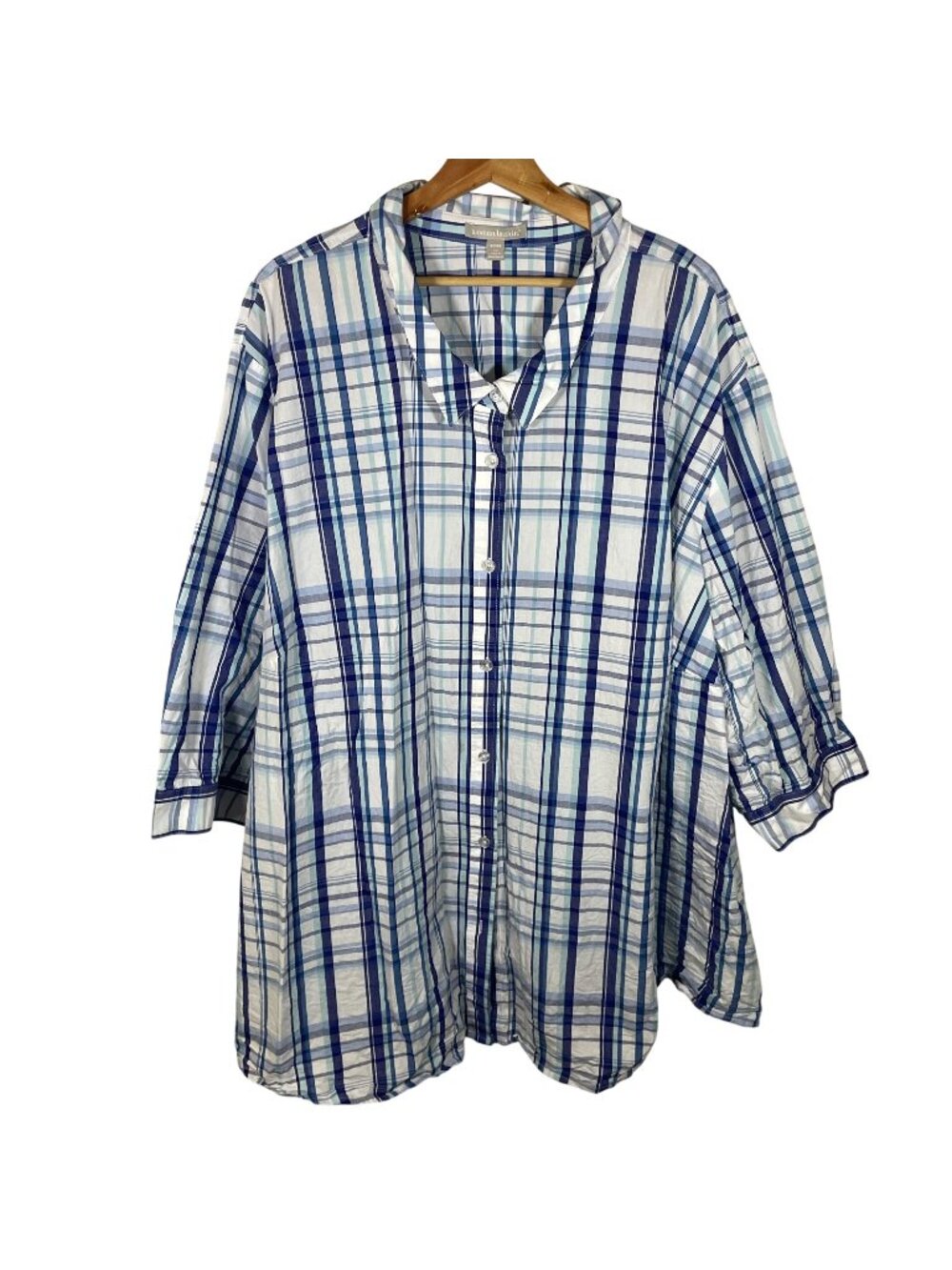 Woman Within Plaid Button Up Blouse Shirt Plus Size 6X Blue White Cottagecore